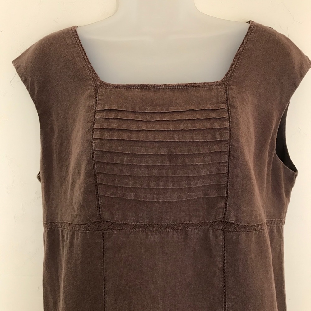 EUC Linen Midi Dress Square Neck, Pintucks, Lace